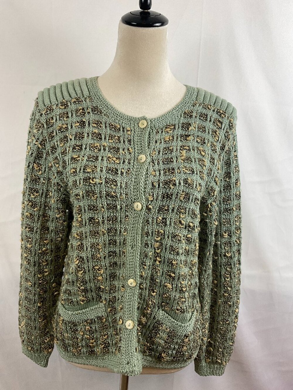 The Peruvian Connection Cardigan Pistachio Blue-Green Brown Knit Long Sleeve